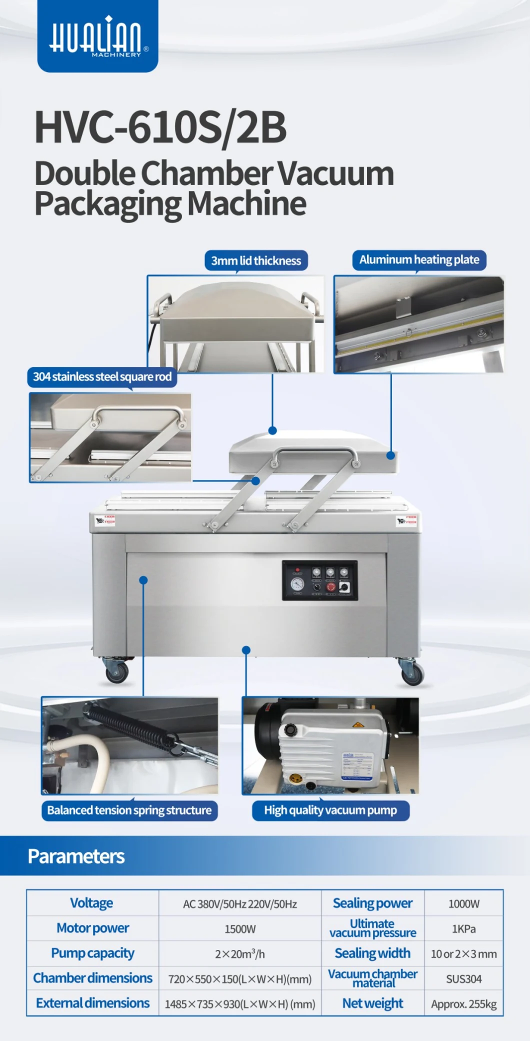 Hvc-610s/2b Hualian Ce New Condition Double Chamber Vacuum Packing Machine Sealer Supermarket Packing Machine for Food